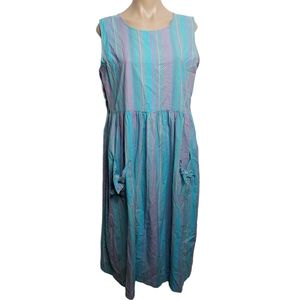 Vintage Sleeveless Pastel Colors Striped Cotton Pockets Spring Summer Dress